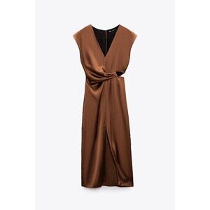 Zara Women Dress Midi Satin Cut Out Detail Brown Size XS NEW